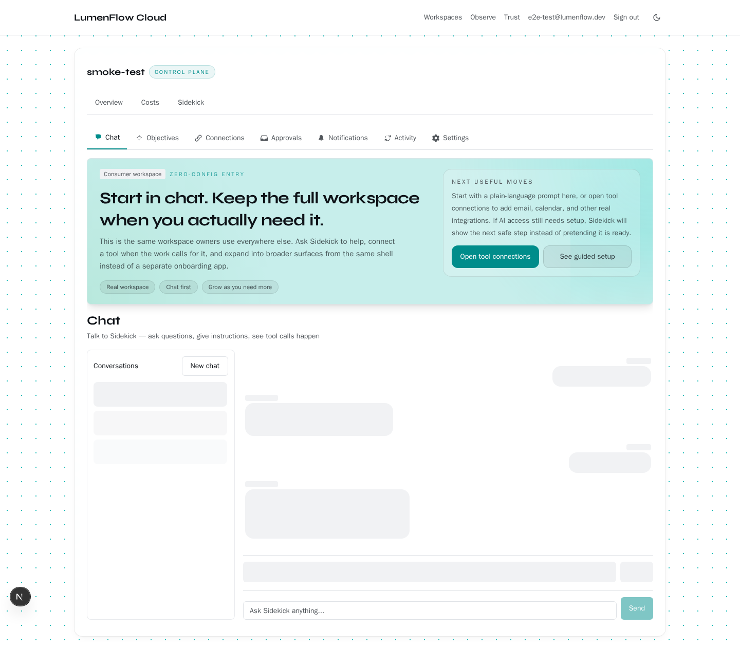 Real LumenFlow Sidekick chat surface showing the consumer-first entry banner and chat shell.